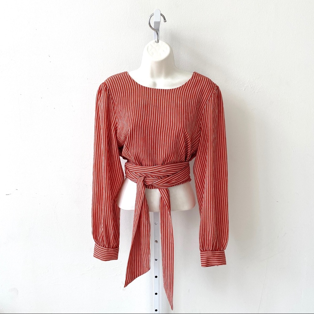 Chriselle x JOA Tie Waist Top Stripe Blouse Rust